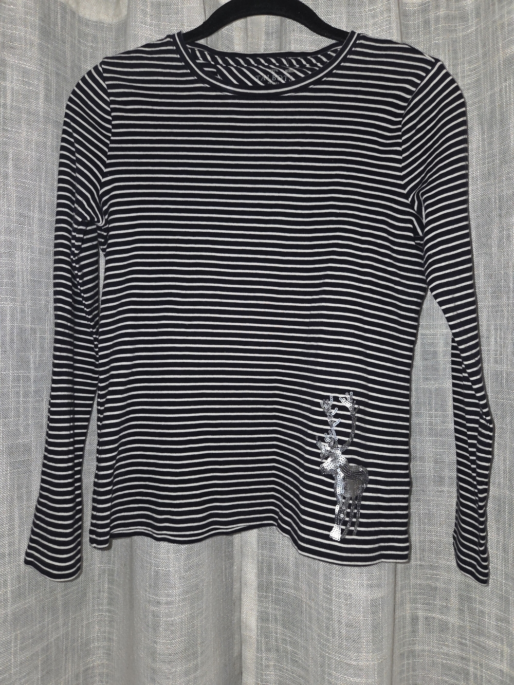 Talbots Striped Long-Sleeve Tee with Silver Deer Accent - Black/White